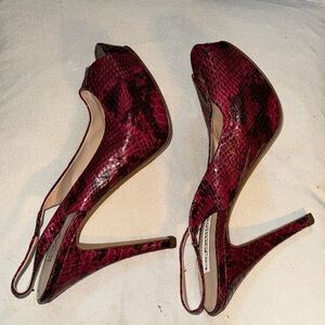 La Fenice Venezia pink black snake print platform open toe sling back heels Sz 9